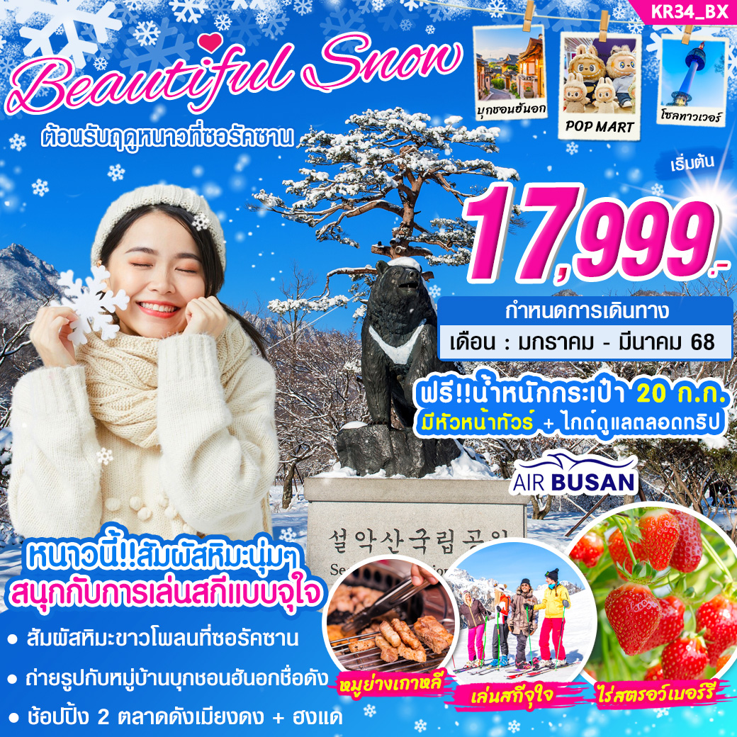 ทัวร์เกาหลี Beautiful Snow ต้อนรับฤดูหนาวที่ซอรัคซาน 5วัน 3คืน (BX)