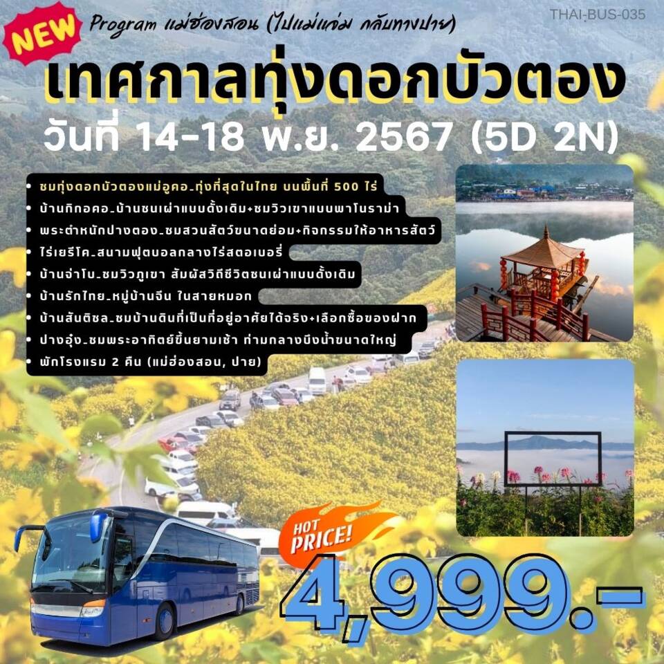 ทัวร์แม่ฮ่องสอน เทศกาลทุ่งดอกบัวตองแม่ฮ่องสอน(เส้นทางใหม่ ไปแม่แจ่ม กลับปาย) 5วัน 2คืน